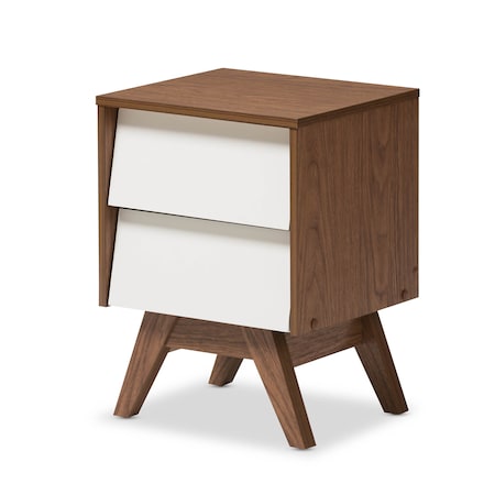 Baxton Studio Hildon Mid-Century White and Walnut Wood 2-Drawer Storage Nightstand 136-7493